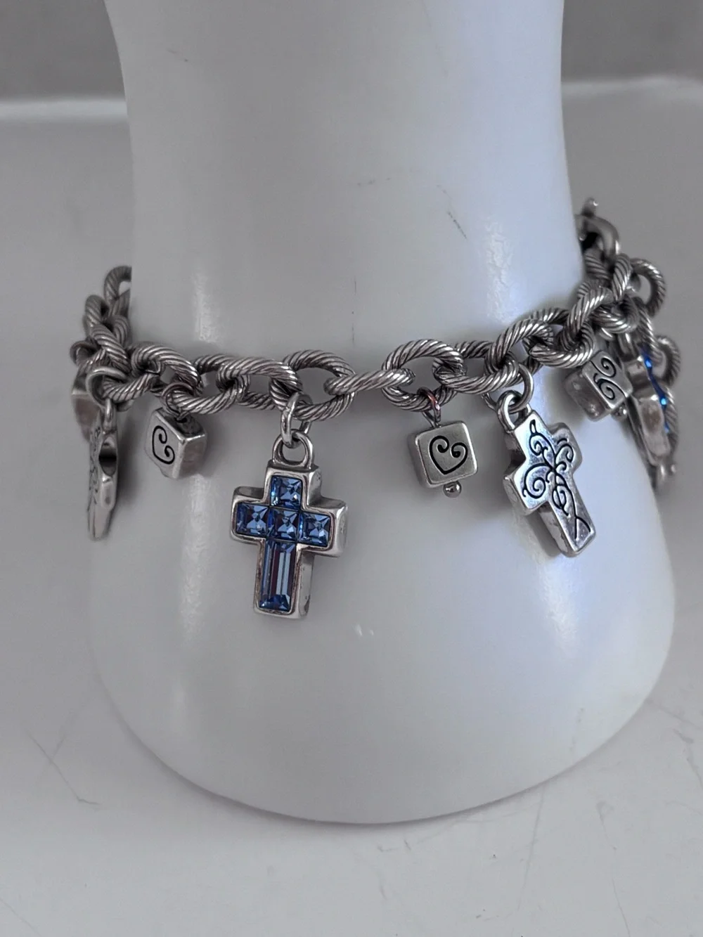 Brighton Purity Silver Tone Cross Bracelet ~Blue, Purple Crystals~ 8